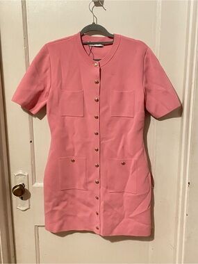 Zara Pink Short-Sleeve Button-Front Pocket Dress